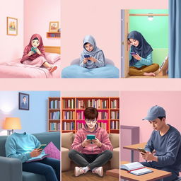 A cozy scene featuring five students in different locations, each engaging in texting on their phones