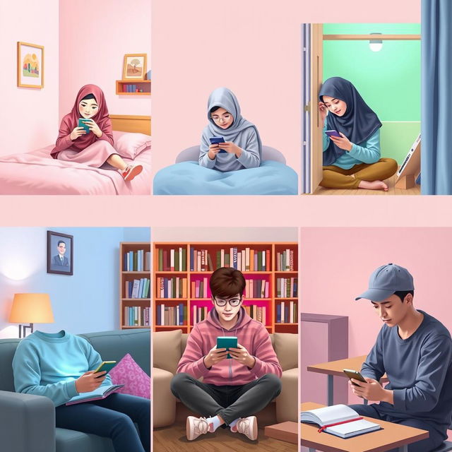 A cozy scene featuring five students in different locations, each engaging in texting on their phones
