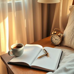 A bedside table in a cozy bedroom, adorned with a steaming cup of coffee, an open notebook with a beautiful pen resting on it, and a vintage-style alarm clock