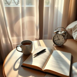 A bedside table in a cozy bedroom, adorned with a steaming cup of coffee, an open notebook with a beautiful pen resting on it, and a vintage-style alarm clock
