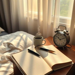 A bedside table in a cozy bedroom, adorned with a steaming cup of coffee, an open notebook with a beautiful pen resting on it, and a vintage-style alarm clock