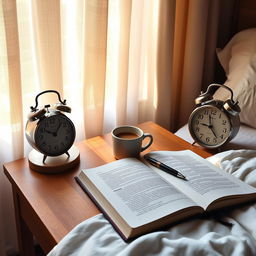 A bedside table in a cozy bedroom, adorned with a steaming cup of coffee, an open notebook with a beautiful pen resting on it, and a vintage-style alarm clock