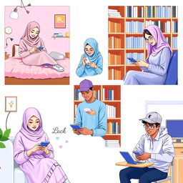 A vibrant scene featuring five students, each in their own unique environment, while texting on their phones