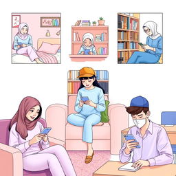 A vibrant scene featuring five students, each in their own unique environment, while texting on their phones
