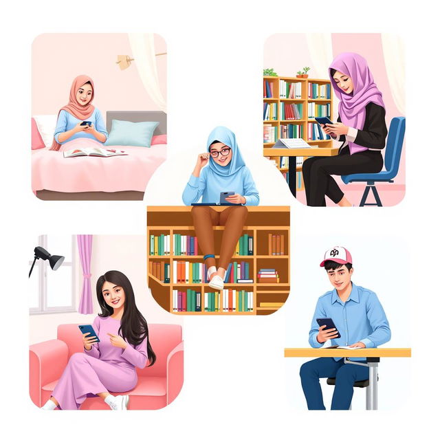 A vibrant scene featuring five students, each in their own unique environment, while texting on their phones