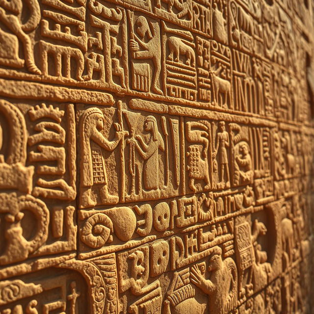 An extreme close-up of intricate hieroglyphic carvings on an ancient stone surface, showcasing the exquisite detail and craftsmanship of ancient Egyptian art