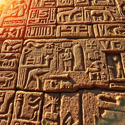 An extreme close-up of intricate hieroglyphic carvings on an ancient stone surface, showcasing the exquisite detail and craftsmanship of ancient Egyptian art