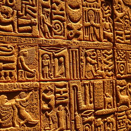 An extreme close-up of intricate hieroglyphic carvings on an ancient stone surface, showcasing the exquisite detail and craftsmanship of ancient Egyptian art