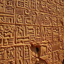 An extreme close-up of intricate hieroglyphic carvings on an ancient stone surface, showcasing the exquisite detail and craftsmanship of ancient Egyptian art
