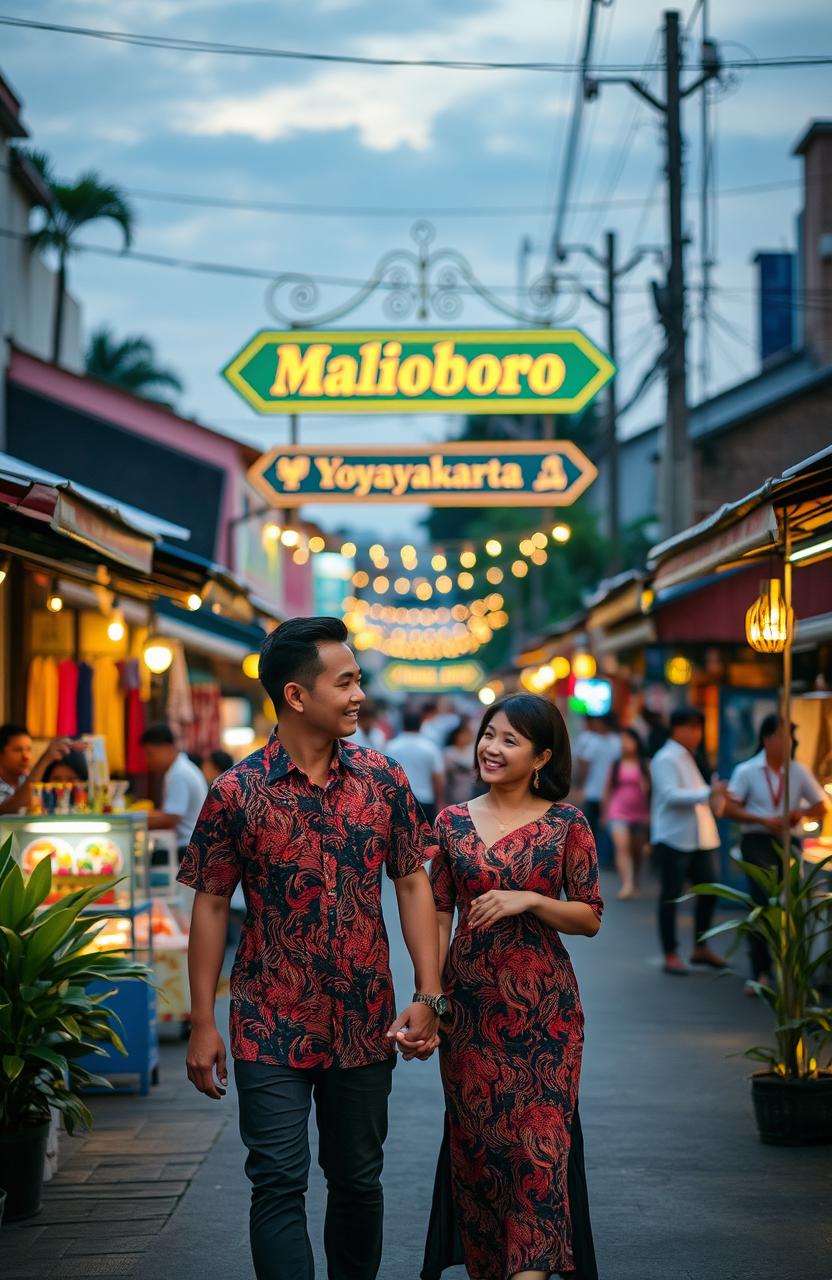 A romantic scene set in Malioboro, Yogyakarta, at dusk