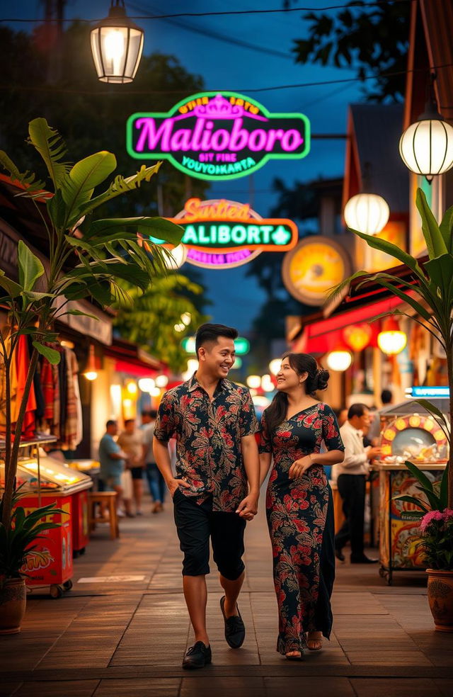 A romantic scene set in Malioboro, Yogyakarta, at dusk