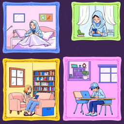 A colorful scene depicting five students in various settings, each framed with a decorative border