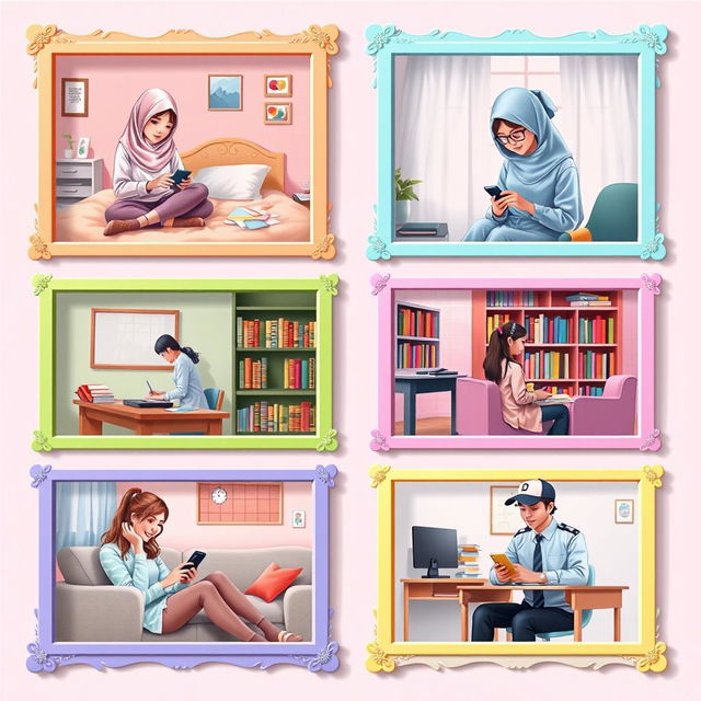 A colorful scene depicting five students in various settings, each framed with a decorative border
