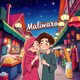 An illustrated romantic scene set in Malioboro, Yogyakarta, full of vibrant colors and whimsical details