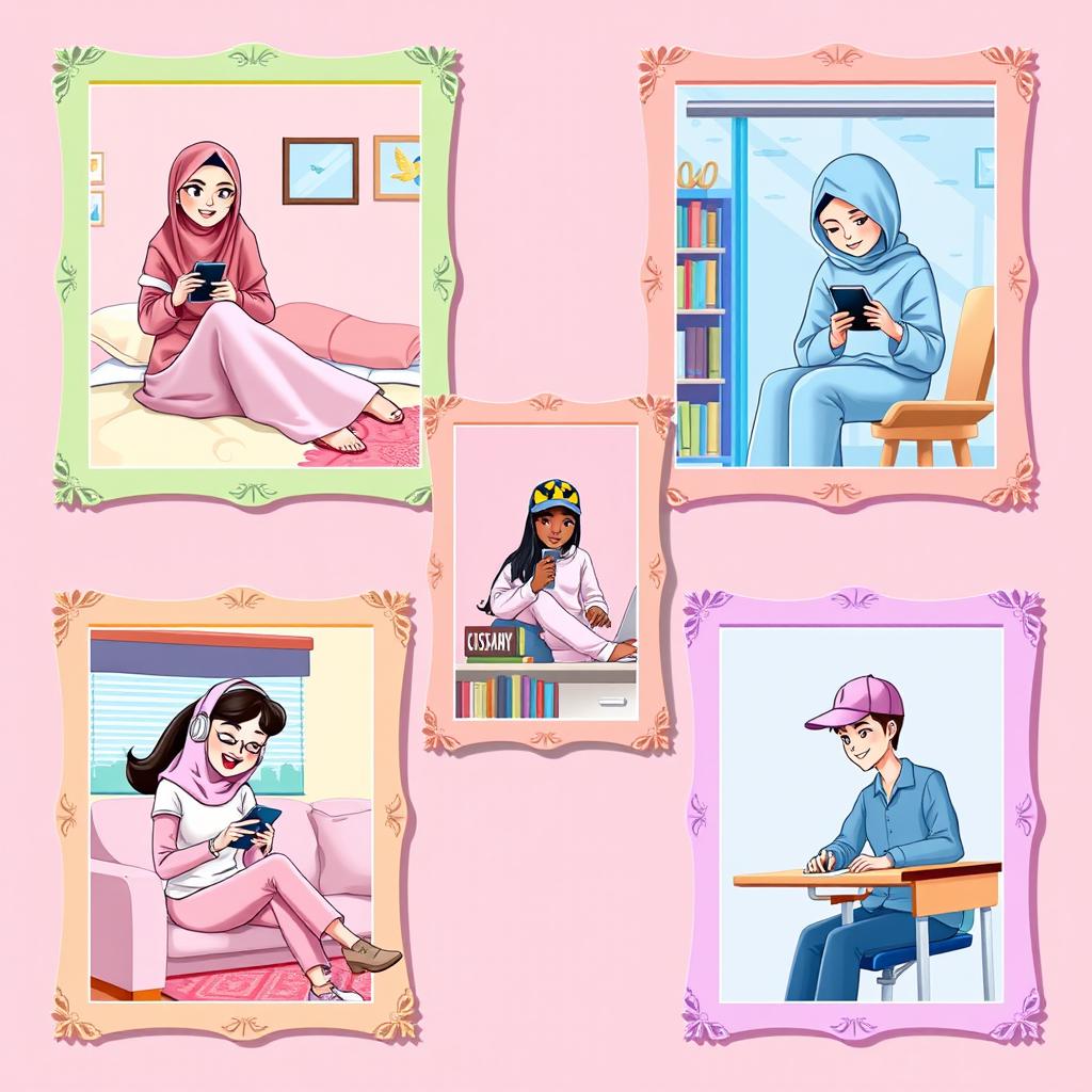 A colorful scene depicting five students in various settings, each framed with a decorative border