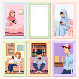 A colorful scene depicting five students in various settings, each framed with a decorative border