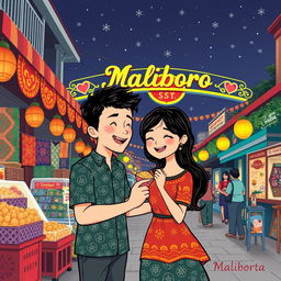 An illustrated romantic scene set in Malioboro, Yogyakarta, full of vibrant colors and whimsical details