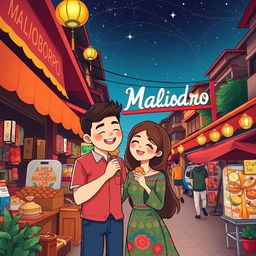 An illustrated romantic scene set in Malioboro, Yogyakarta, full of vibrant colors and whimsical details