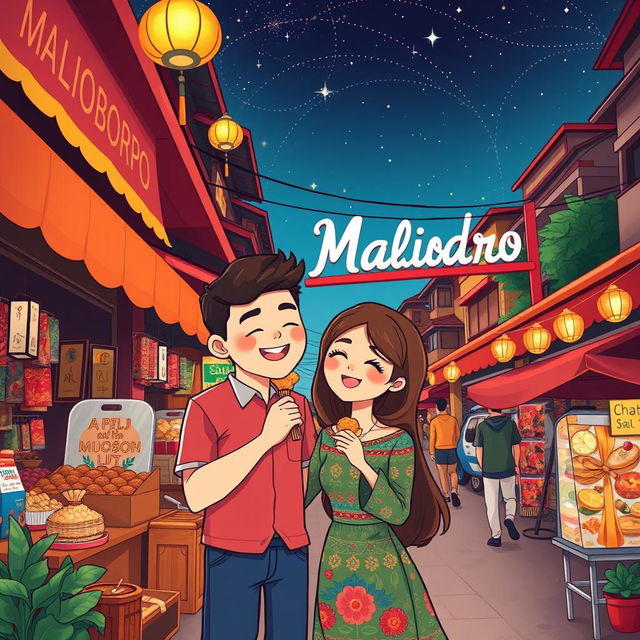 An illustrated romantic scene set in Malioboro, Yogyakarta, full of vibrant colors and whimsical details