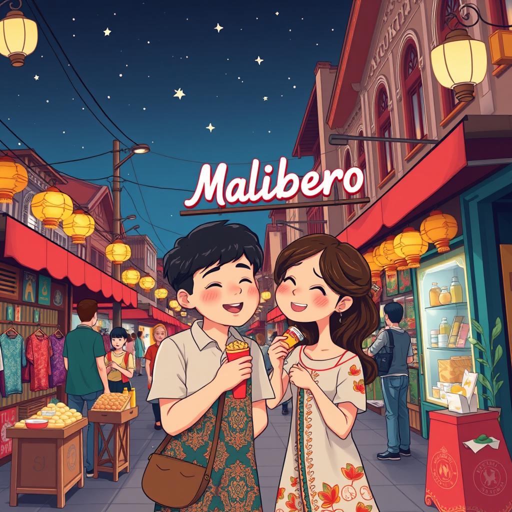An illustrated romantic scene set in Malioboro, Yogyakarta, full of vibrant colors and whimsical details