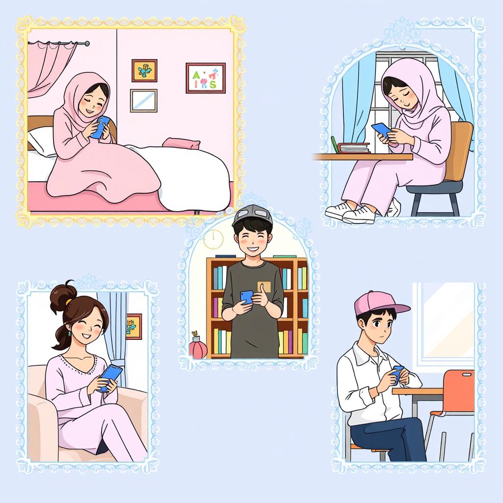A lively scene depicting five students in different environments, each surrounded by a decorative border