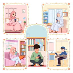 A lively scene depicting five students in different environments, each surrounded by a decorative border
