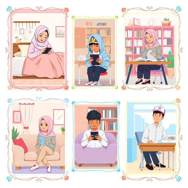 A lively scene depicting five students in different environments, each surrounded by a decorative border
