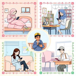 A lively scene depicting five students in different environments, each surrounded by a decorative border