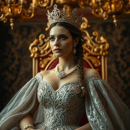 A majestic scene capturing the essence of a regal queen, adorned in a glittering, intricate gown that flows elegantly to the ground