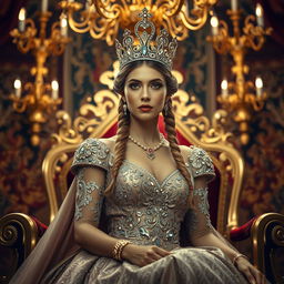 A majestic scene capturing the essence of a regal queen, adorned in a glittering, intricate gown that flows elegantly to the ground