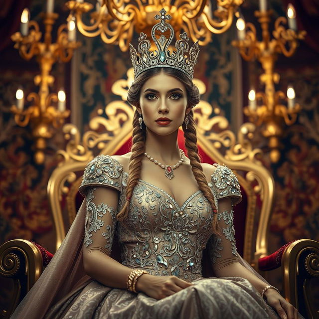 A majestic scene capturing the essence of a regal queen, adorned in a glittering, intricate gown that flows elegantly to the ground