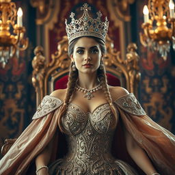 A majestic scene capturing the essence of a regal queen, adorned in a glittering, intricate gown that flows elegantly to the ground