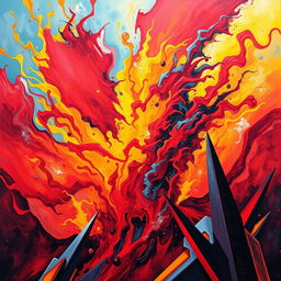A highly stylized and vibrant abstract piece depicting an explosion of colors including reds, yellows, and blues, creating a sense of chaos and energy