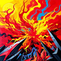 A highly stylized and vibrant abstract piece depicting an explosion of colors including reds, yellows, and blues, creating a sense of chaos and energy