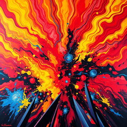 A highly stylized and vibrant abstract piece depicting an explosion of colors including reds, yellows, and blues, creating a sense of chaos and energy