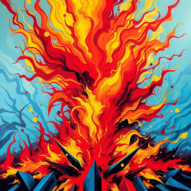 A highly stylized and vibrant abstract piece depicting an explosion of colors including reds, yellows, and blues, creating a sense of chaos and energy