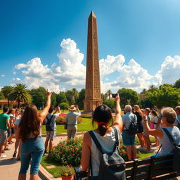 A picturesque scene of tourists admiring Cleopatra's Needle, an ancient Egyptian obelisk, standing tall in a sunny park