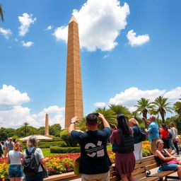 A picturesque scene of tourists admiring Cleopatra's Needle, an ancient Egyptian obelisk, standing tall in a sunny park