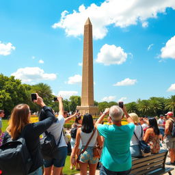 A picturesque scene of tourists admiring Cleopatra's Needle, an ancient Egyptian obelisk, standing tall in a sunny park