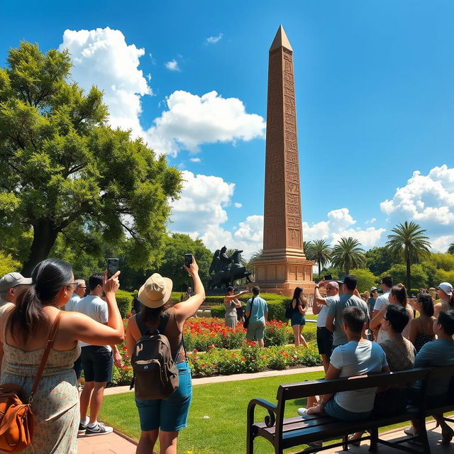 A picturesque scene of tourists admiring Cleopatra's Needle, an ancient Egyptian obelisk, standing tall in a sunny park