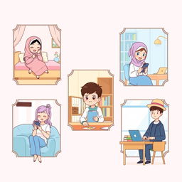 A charming scene depicting five cute students, each in their own distinct pastel-themed environment, while texting on their phones