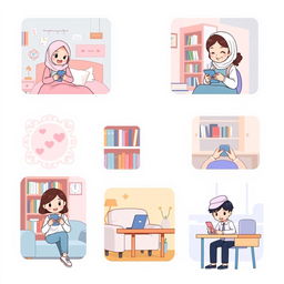 A charming scene depicting five cute students, each in their own distinct pastel-themed environment, while texting on their phones