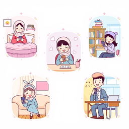 A charming scene depicting five cute students, each in their own distinct pastel-themed environment, while texting on their phones