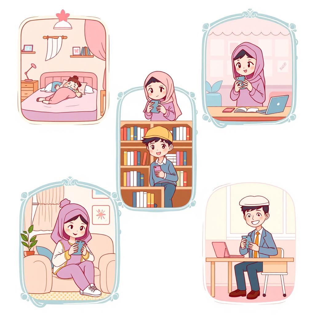 A charming scene depicting five cute students, each in their own distinct pastel-themed environment, while texting on their phones