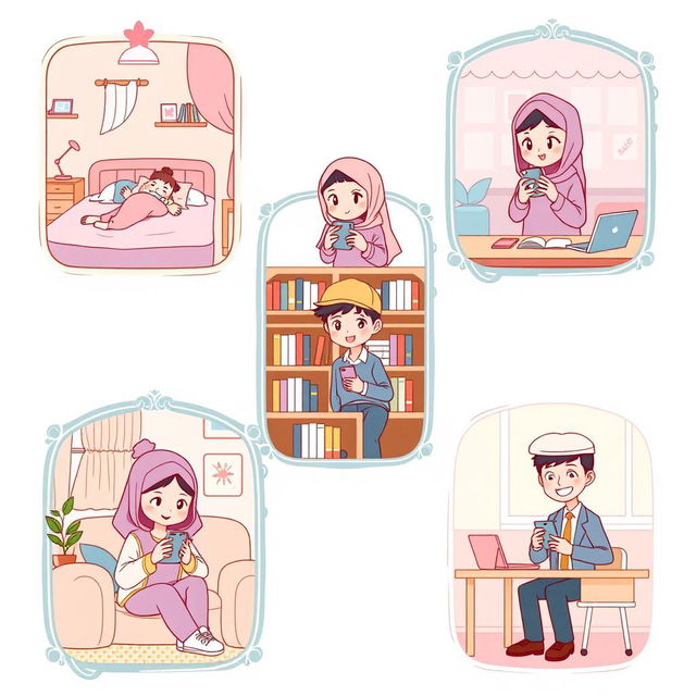 A charming scene depicting five cute students, each in their own distinct pastel-themed environment, while texting on their phones