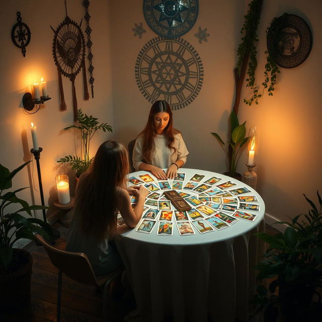 An ethereal scene depicting the process of self-healing through tarot card reading