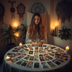 An ethereal scene depicting the process of self-healing through tarot card reading