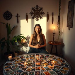 An ethereal scene depicting the process of self-healing through tarot card reading