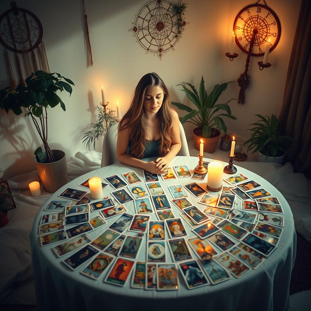 An ethereal scene depicting the process of self-healing through tarot card reading