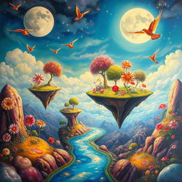 A surreal landscape painted in vibrant, dreamlike colors, depicting a whimsical and imaginative scene filled with floating islands in the sky, each adorned with oversized flowers and trees in exaggerated shapes